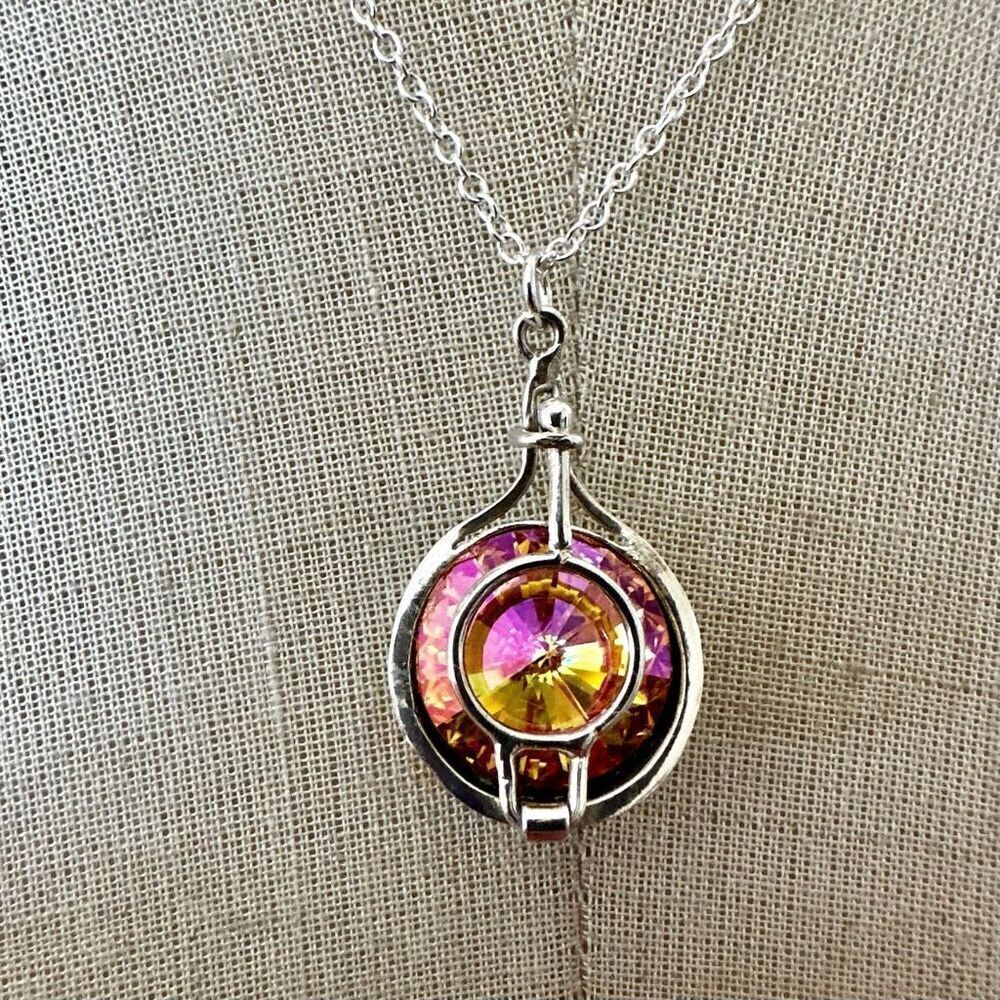 Vintage Sterling Silver Pendant Necklace - Pink & Yellow Crystal Rivoli